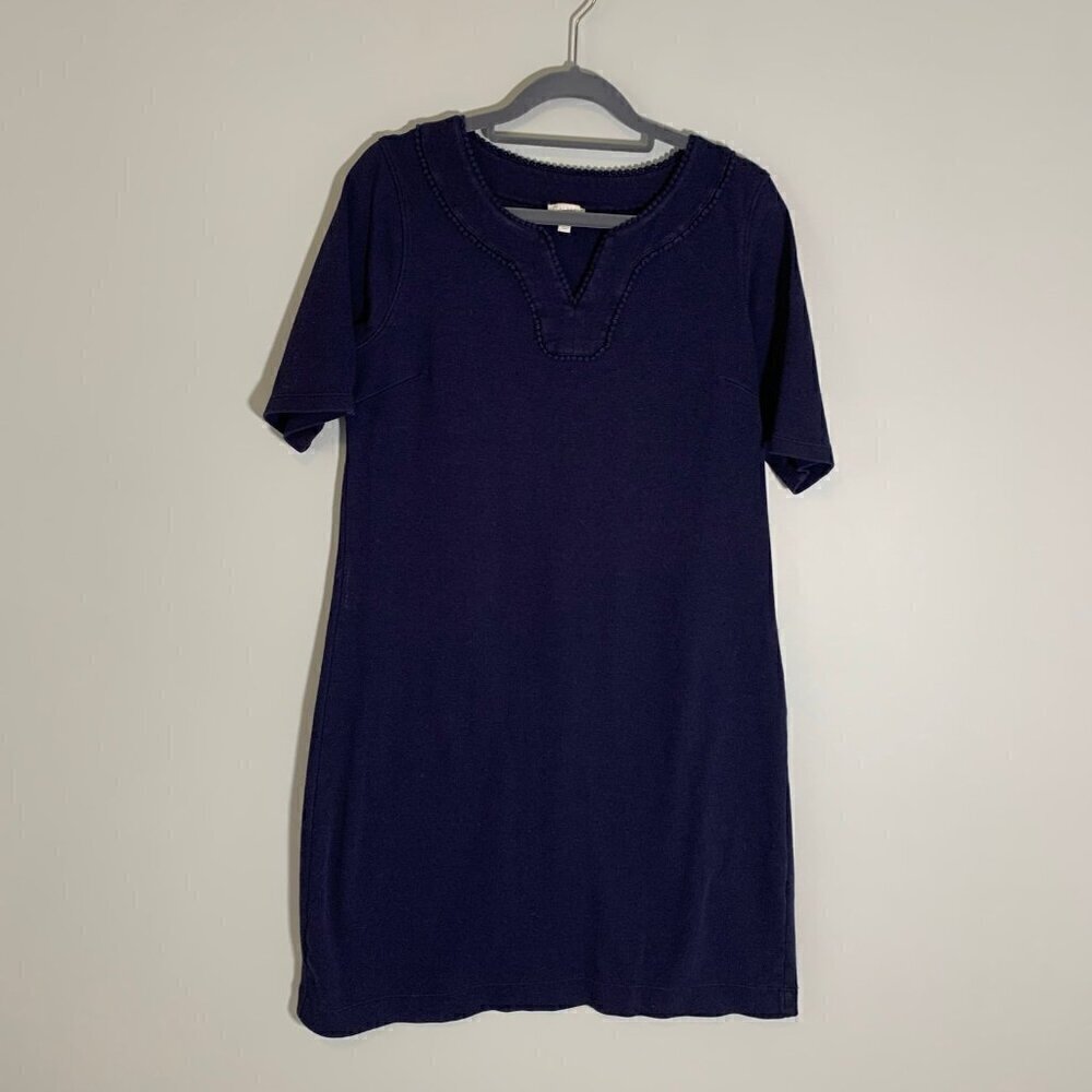 Talbots Navy Blue Pom Pom Trim Split Neck Short Sleeve Shift Dress Womens Size S